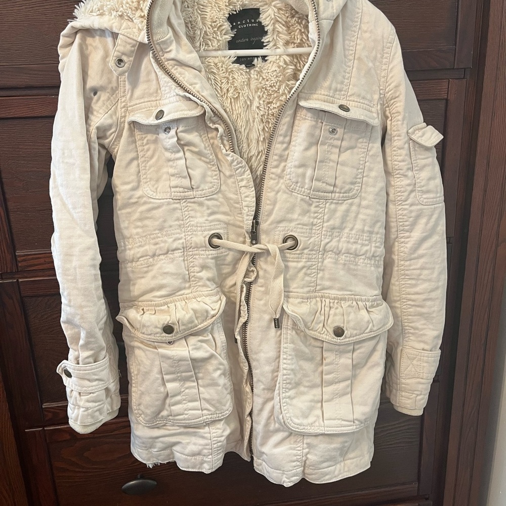 Anthropologie Sanctuary Faux Fur Lined Women's Cream Hooded Jacket